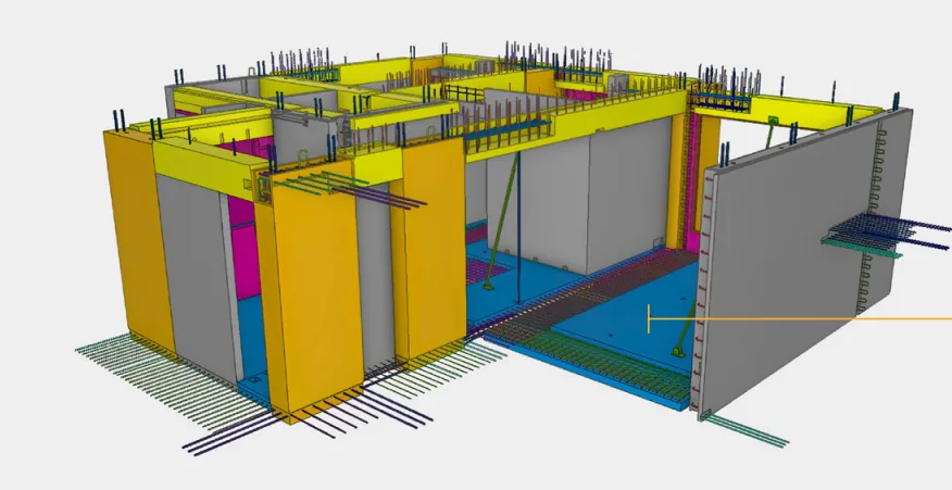 3D rendering of a building foundation with concrete walls, rebar, and yellow support beams.