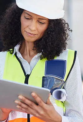 A construction worker looks down at a tablet while wearing a hard hat and a safety vest.