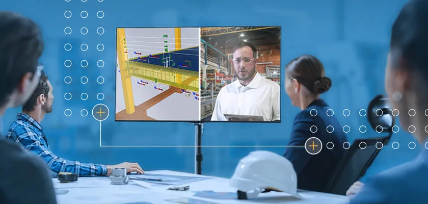 Business professionals collaborate on a construction project using a split-screen video conference with 3D modeling.