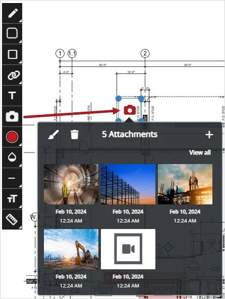 Construction site images with a blueprint overlay showing annotations and attachments.