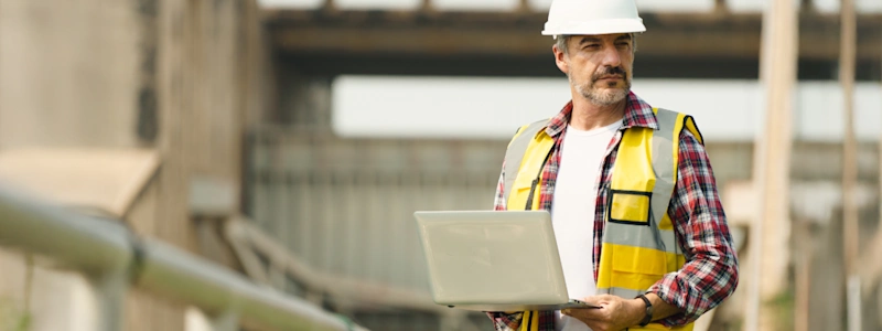 Construction manager in safety gear holding a laptop at an industrial site, monitoring project progress.