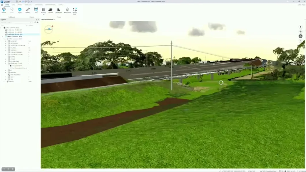 Screenshot of Trimble Quadri software showing a 3D landscape and highway infrastructure project.