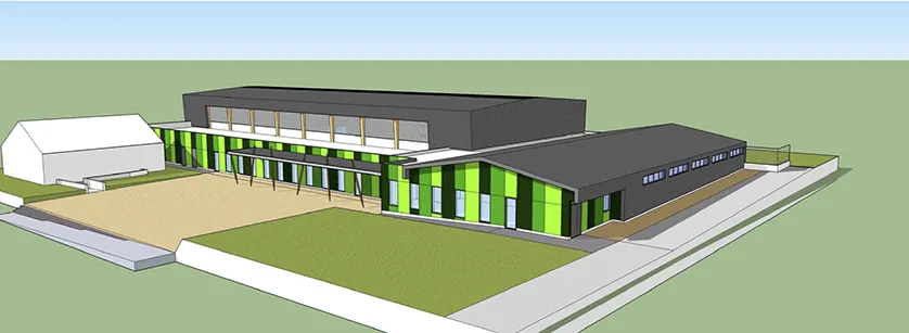 Architectural rendering of a modern school gymnasium with a green and grey facade, featuring large windows and a surrounding grassy area.
