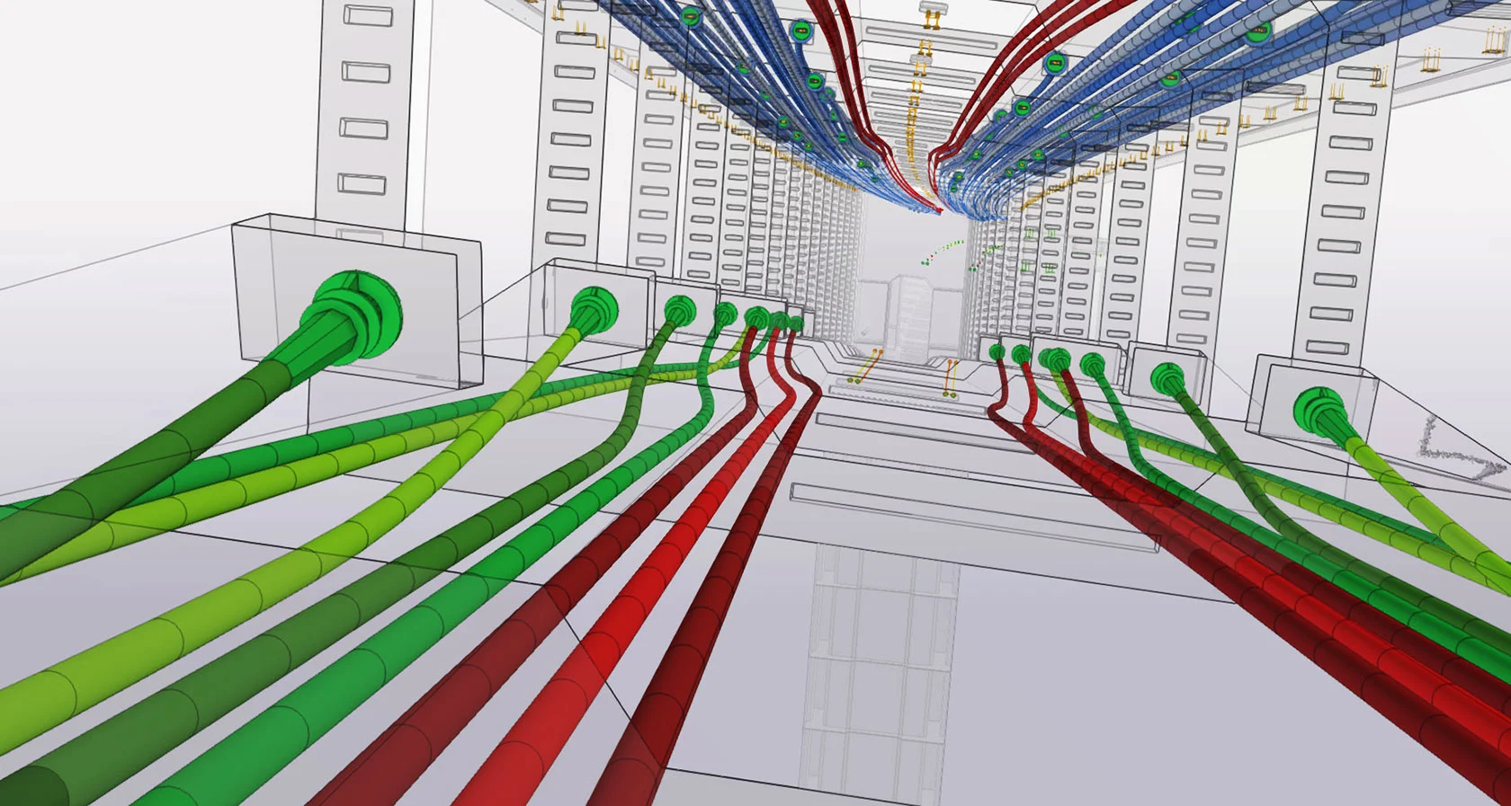 A rendering of a data center showing an array of green and red cables running from wall-mounted ports into a pathway that leads into the distance.