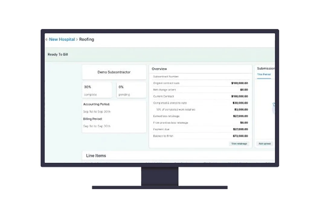 Computer monitor showing project management software for 'New Hospital > Roofing' subcontractor billing overview.