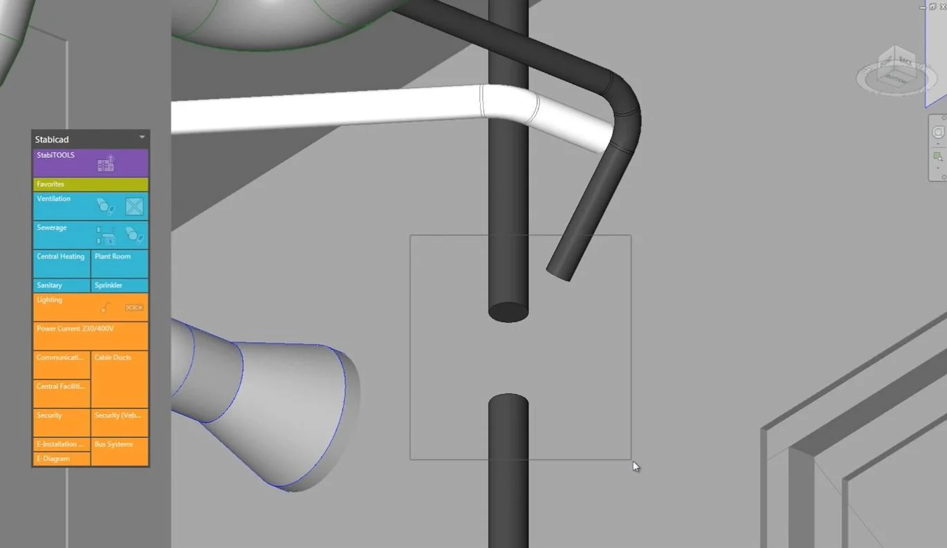 3D model of building systems, including pipes and lighting fixtures, with a user interface panel.