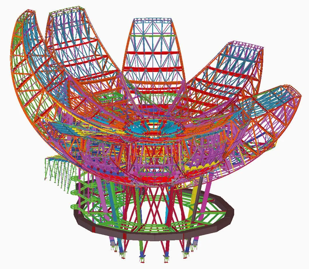 3D rendering of the ArtScience Museum's complex steel structure.