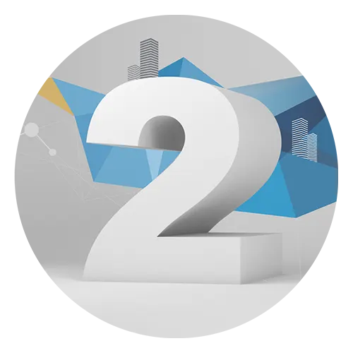 A large, white 3D number 2 stands in front of a background with abstract geometric shapes, buildings, and a network diagram.