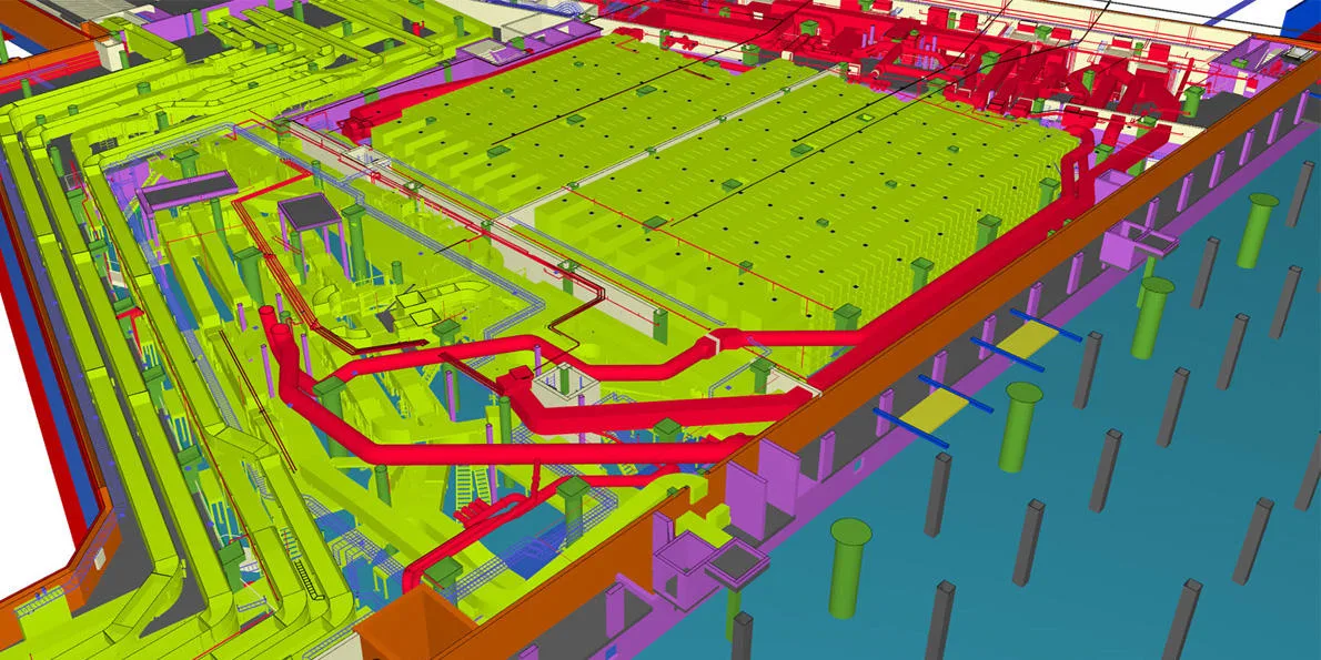 Tekla 3D rendering of a complex network of green and red pipes and ducts in a large building, possibly a data center or industrial facility.