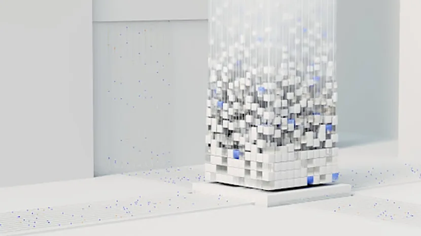 Abstract representation of a digital twin, composed of numerous white and blue cubes forming a vertical structure.