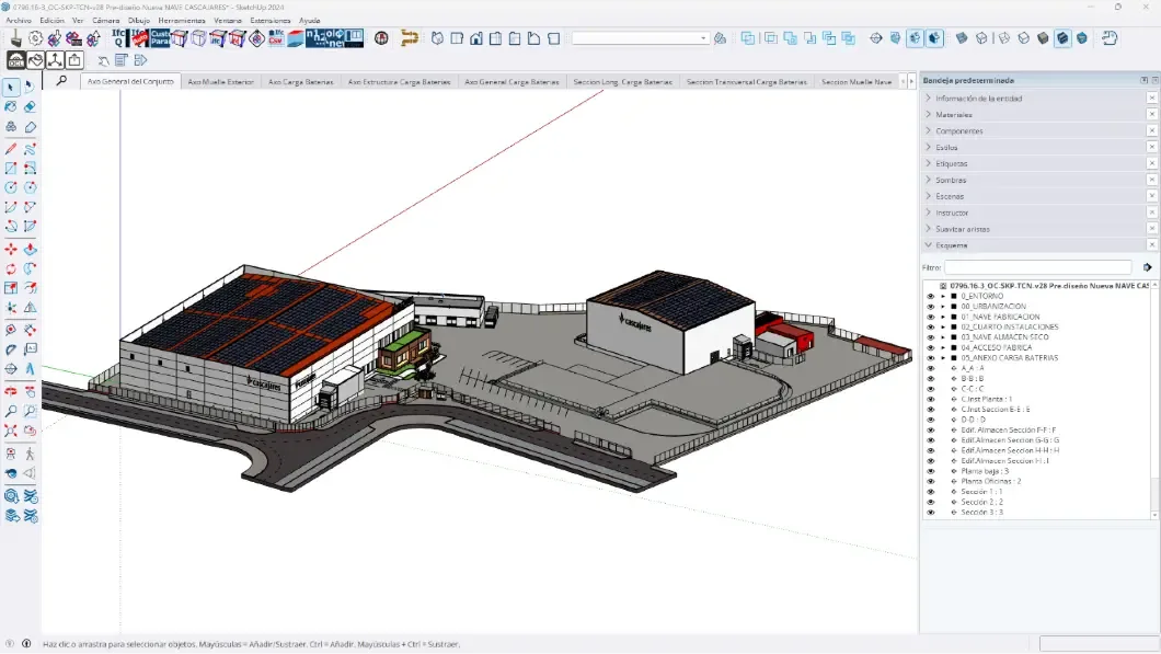 SketchUp model of the Cascajares production plant, showing one larger building adjacent to a smaller one.
