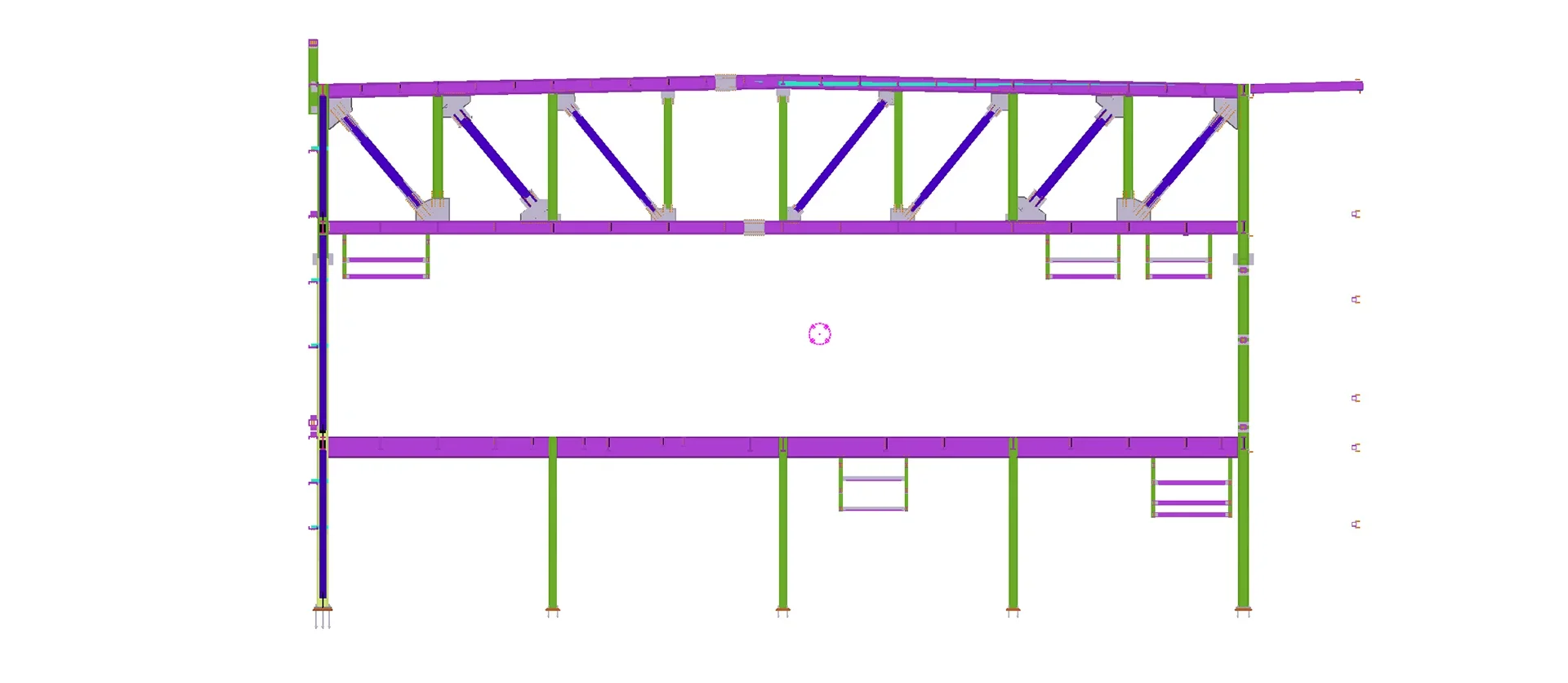 A technical 2D structural engineering elevation blueprint displaying a purple and green cross-section of a building frame with detailed overhead steel trusses