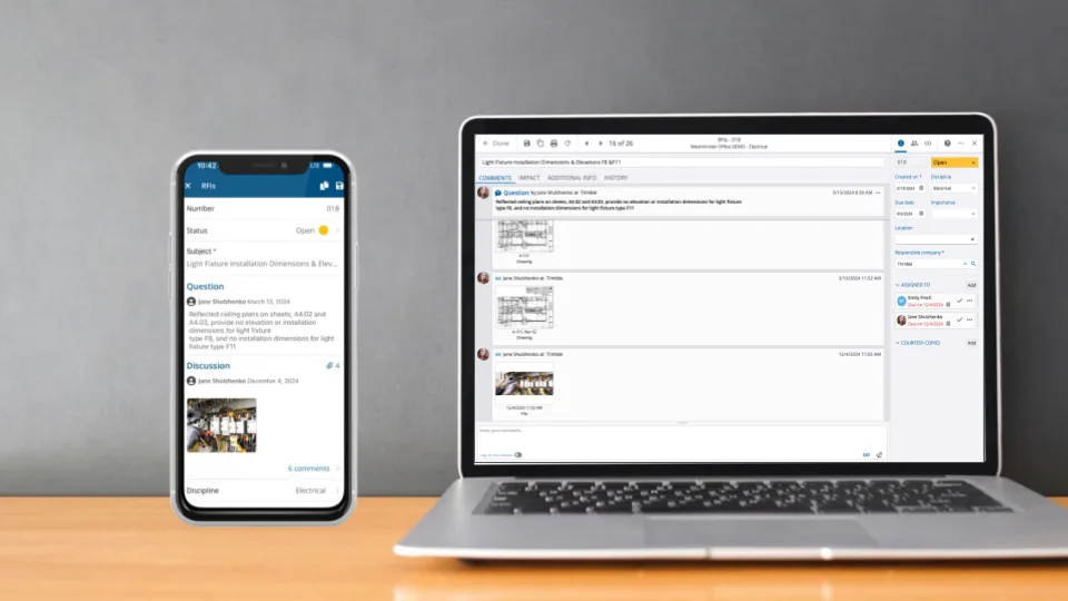 Screen capture of the RFI feature in ProjectSight showed in the desktop format and the mobile app format