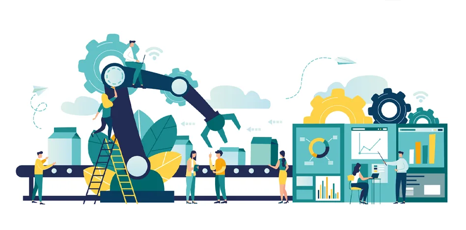 Illustration of people interacting with a robotic arm and assembly line, with data visualizations in the background.