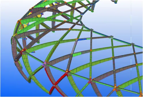 A 3D model of the steel structure of the Amazonia Arena, featuring a complex lattice of curved and straight beams in green, brown, and red.