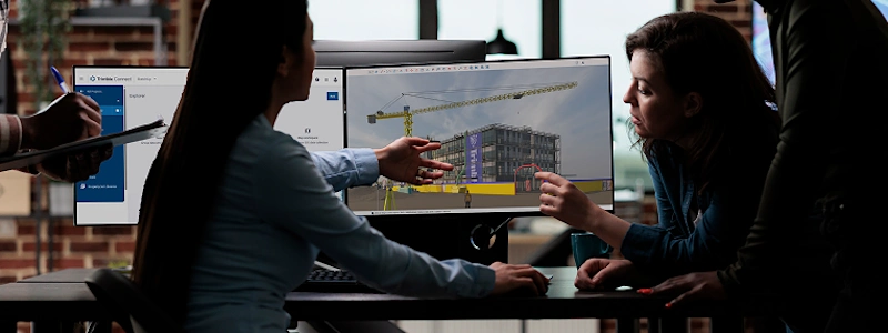 A team of AEC designers review a digital draft design of a 3D model on a desktop computer