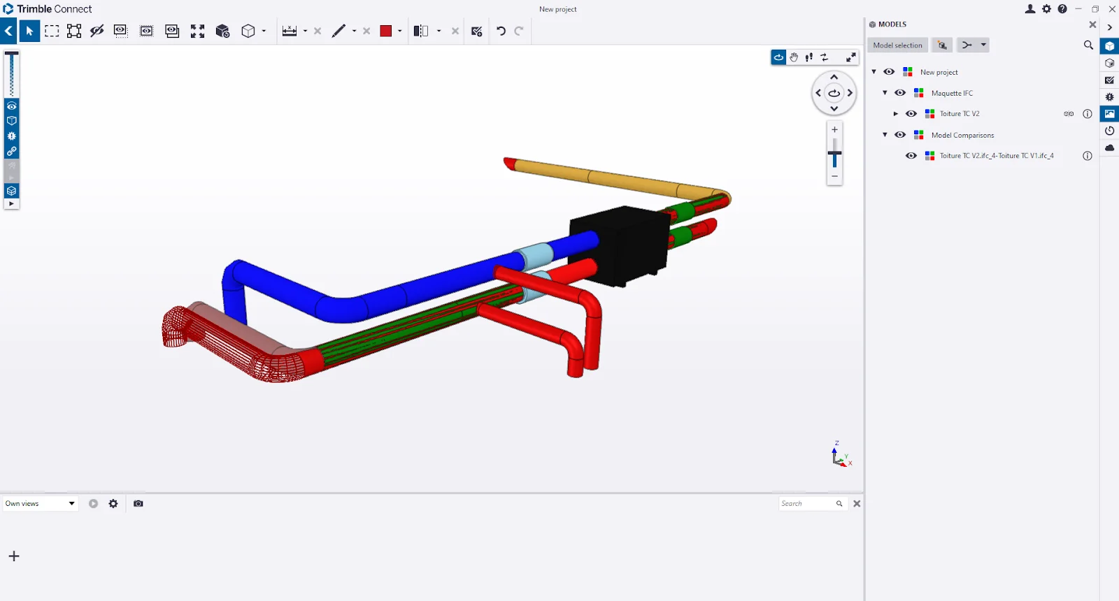 3D model of a mechanical system with pipes in blue, red, green, and yellow, displayed in Trimble Connect software.