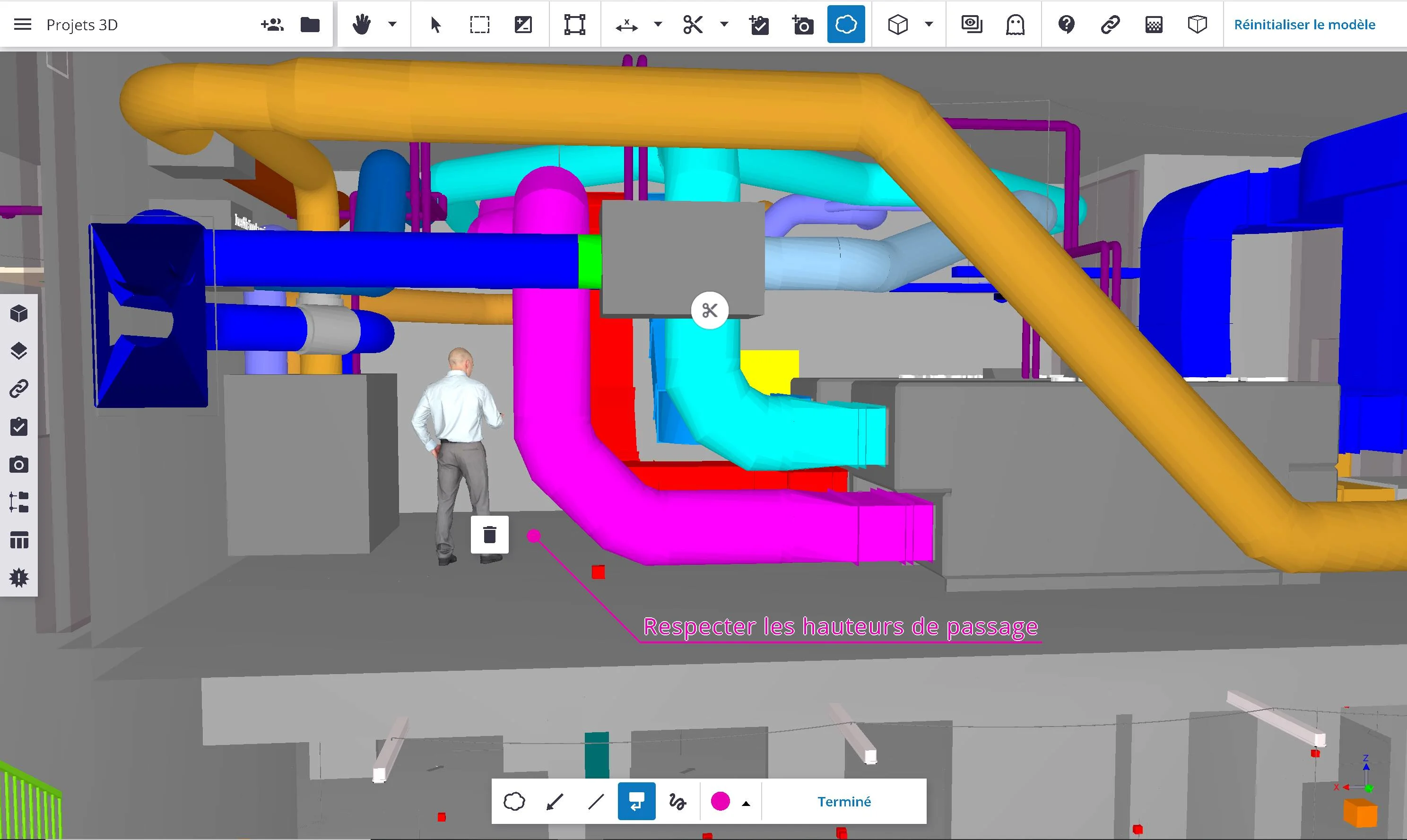 3D model of a building's HVAC system with colorful pipes, including a blue intake, orange and cyan pipes, and a small figure of a person for scale.