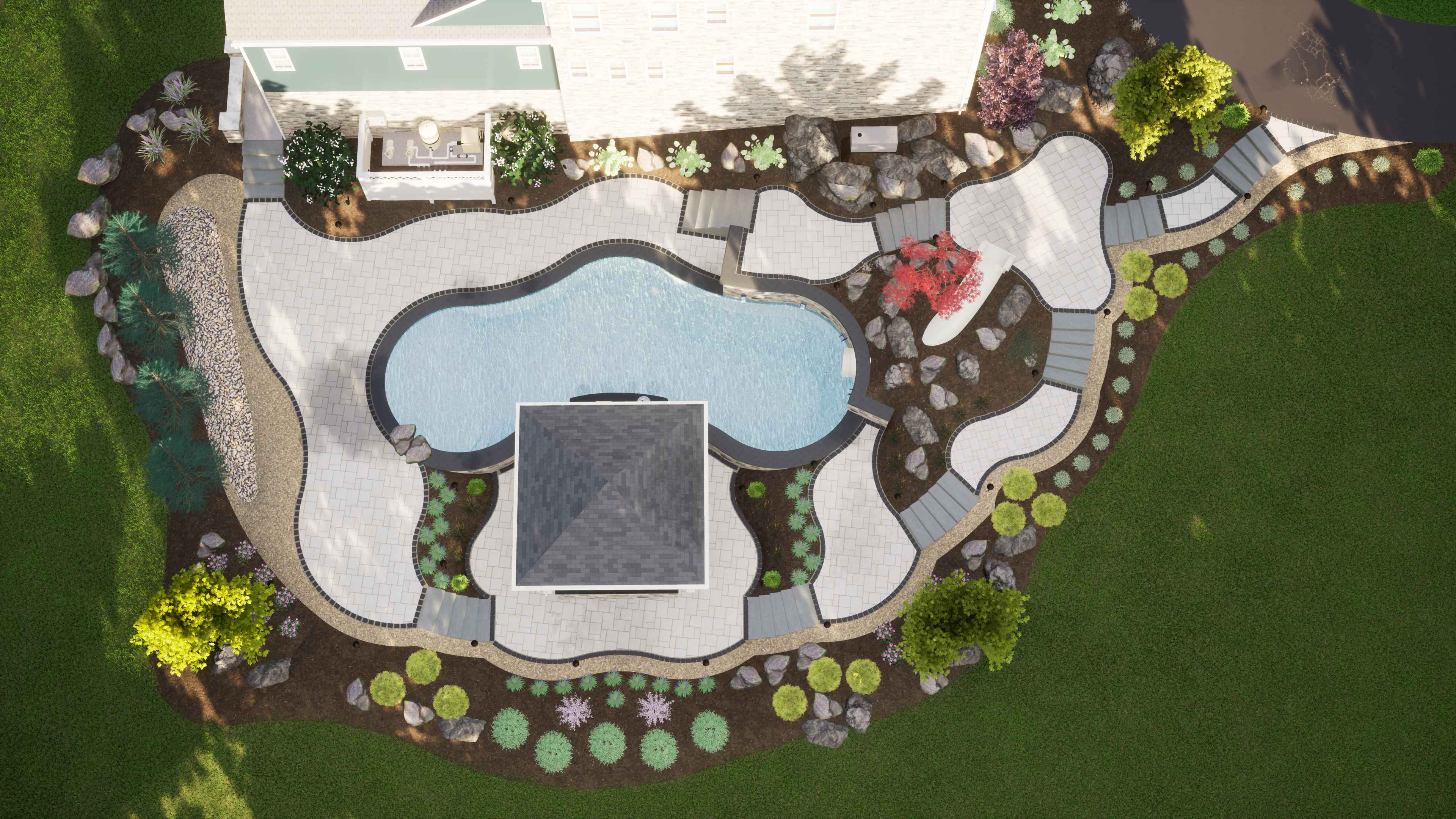 Visualisierung einer Gartenplanung mit Pool auf Basis eines Geländescans