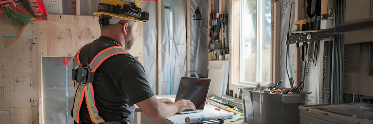 Construction worker using a laptop at a job site, wearing a safety harness and helmet inside a partially built room.