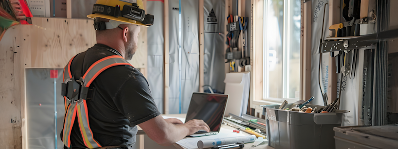 Construction worker using a laptop at a job site, wearing a safety harness and helmet inside a partially built room.