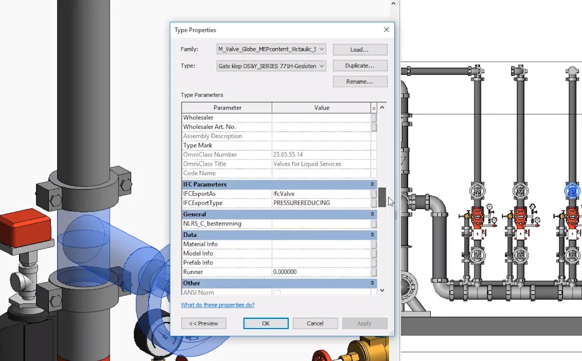 A 3D model displays a dialog box for a valve, showing parameters and values, next to a detailed rendering of a piping system with multiple valves.