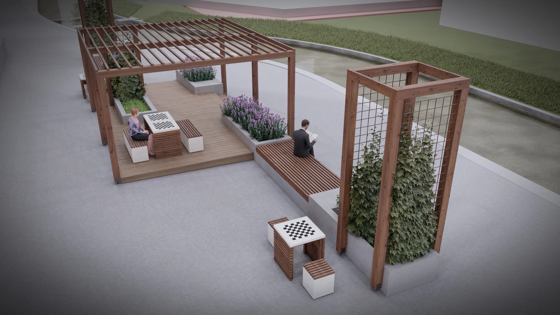 Rendered model showing planters in Kværnerbyen, Oslo, Norway. Courtesy of Ramboll