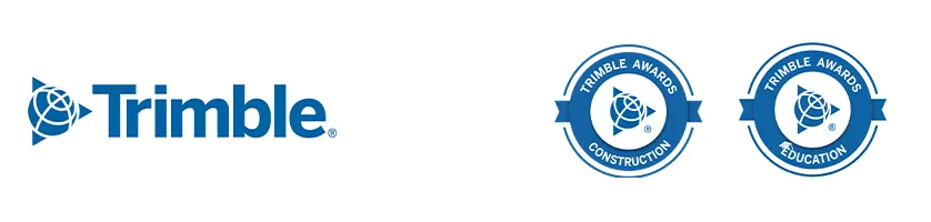 Trimble logo with two awards badges for Construction and Education.