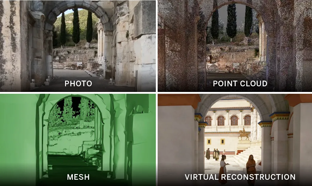 Image depicts the process of 3D reconstruction from photo to virtual reality.
