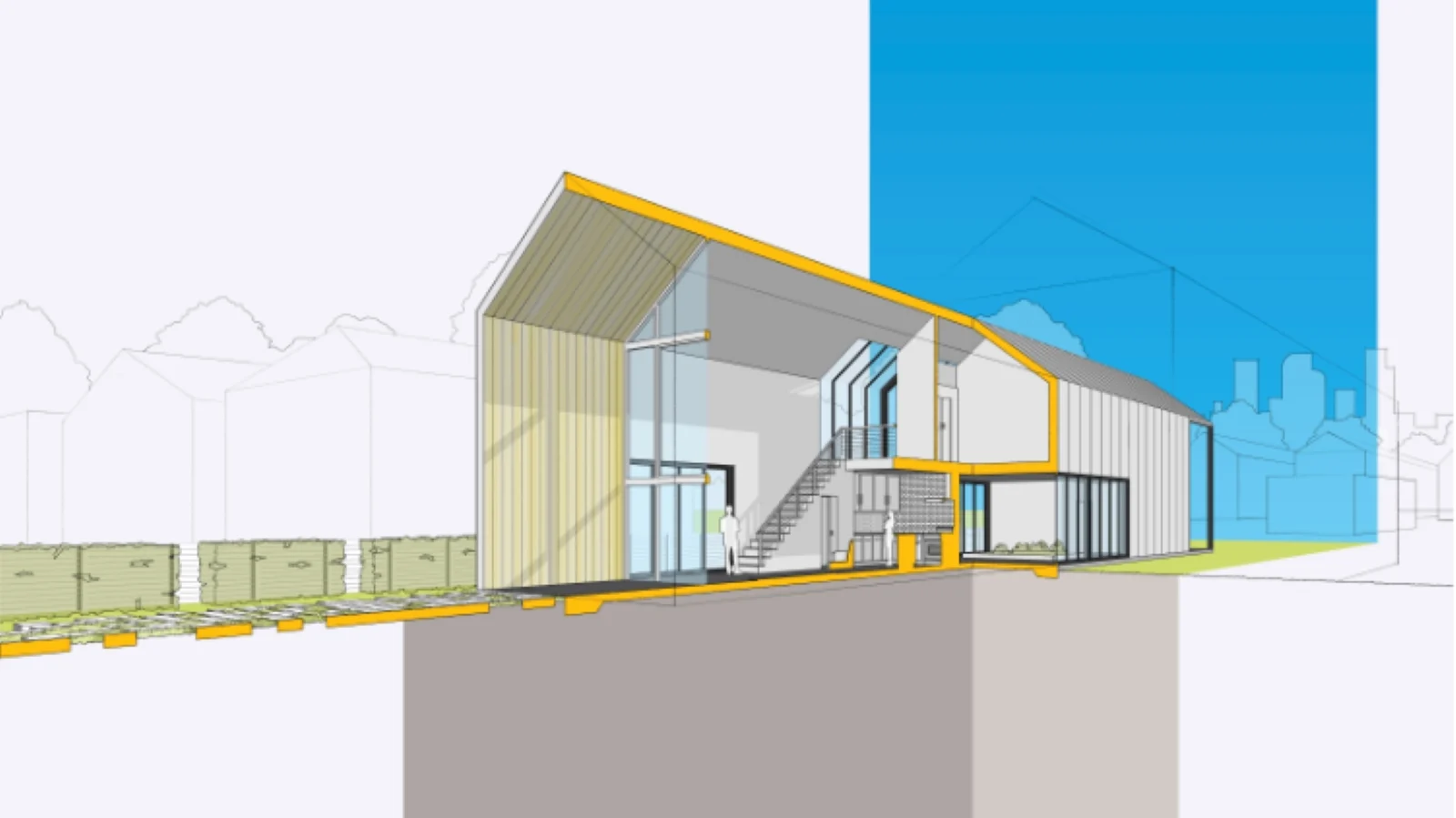 Architectural rendering of a modern building with a cutaway view showing interior details and foundation.