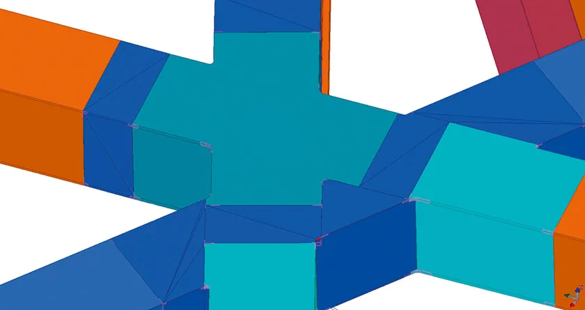 3D rendering of a complex junction of pipes with different colored segments: orange, teal, dark blue, and burgundy.
