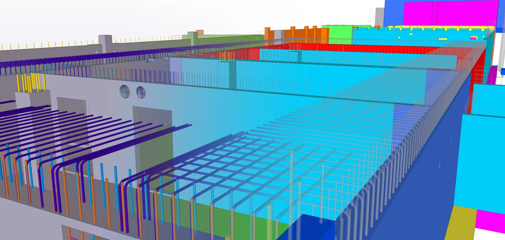 3D architectural rendering of a building's foundational rebar structure, with different structural elements and layers.