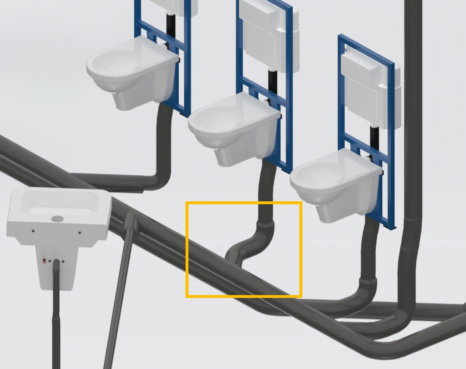 3D rendering of a plumbing system showing a wrong fitting with toilets and sink.