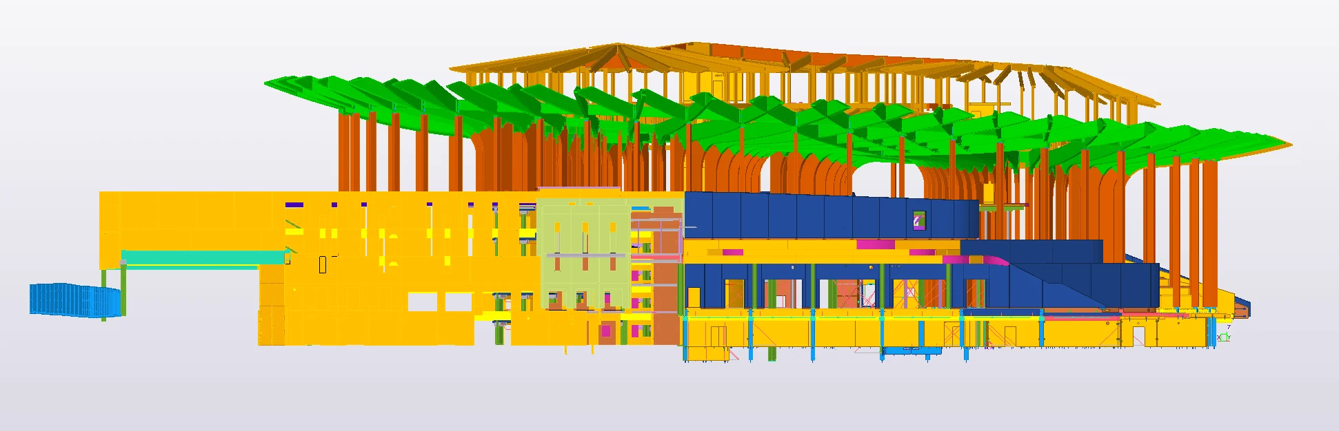 A colorful 3D rendering of a building's structural framework.