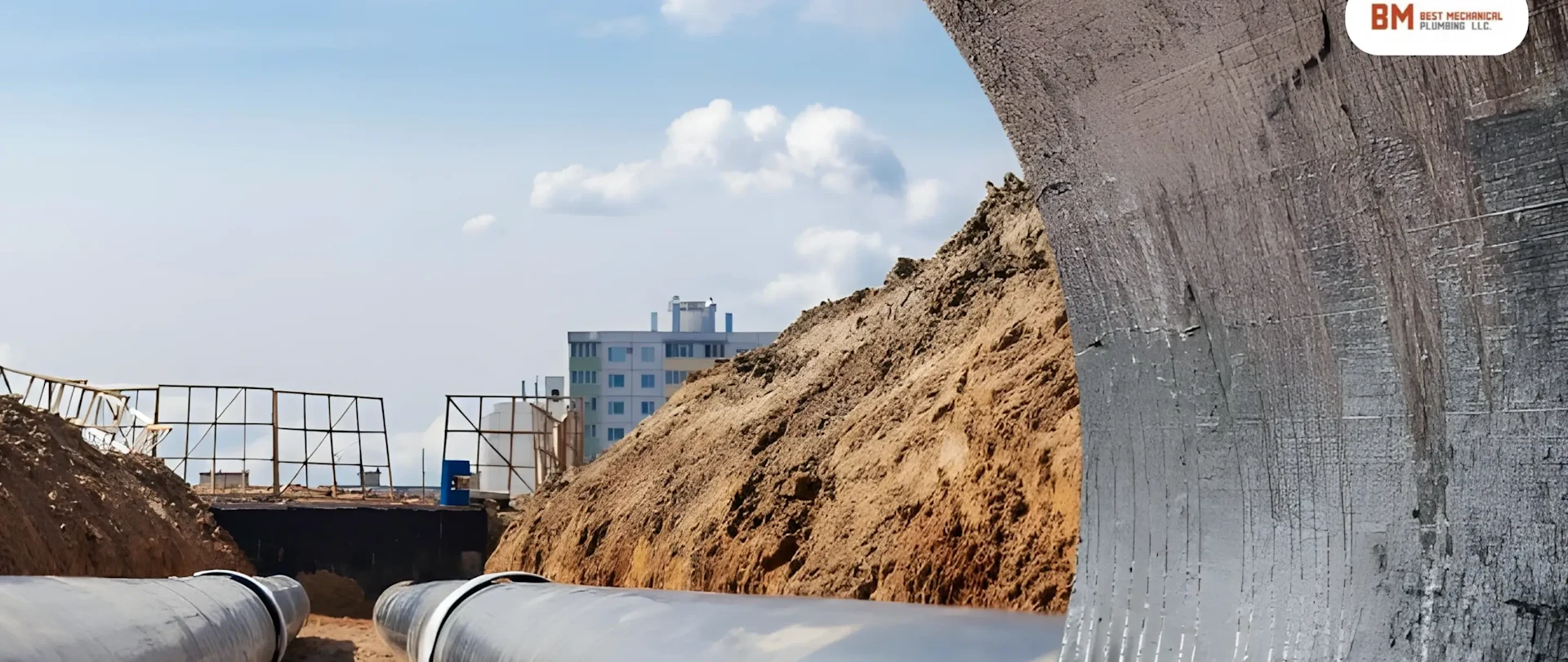 View of large pipes in a trench at a construction site