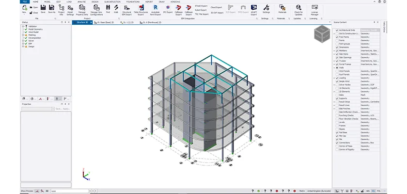 Vista del modelo prefabricado en Tekla Structural Designer con estructura de acero en el techo