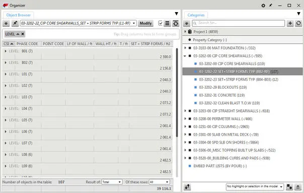 Screenshot of the Tekla Organizer software, displaying a project's object browser and categories.