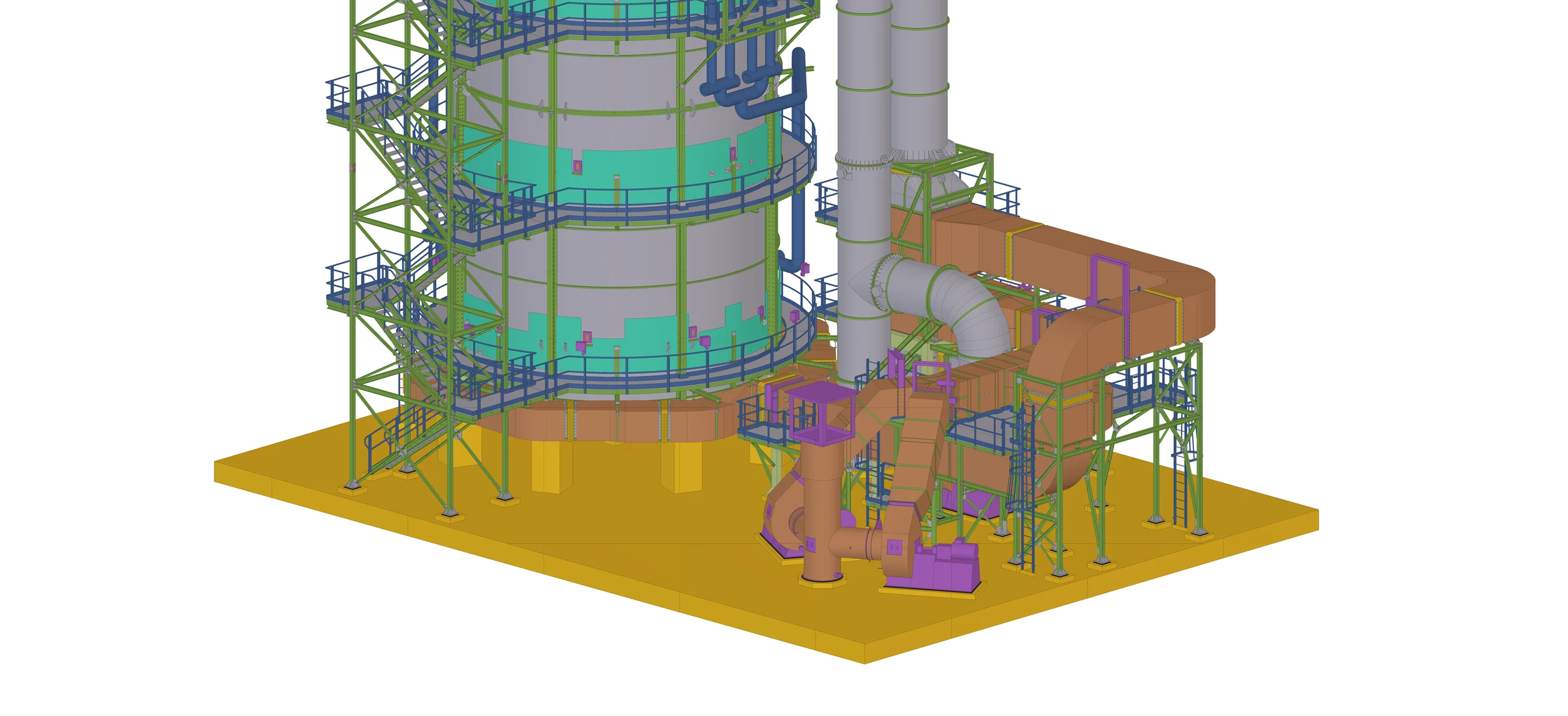 3D rendering of a preheater system for industrial use, showcasing its intricate pipework and structural elements.