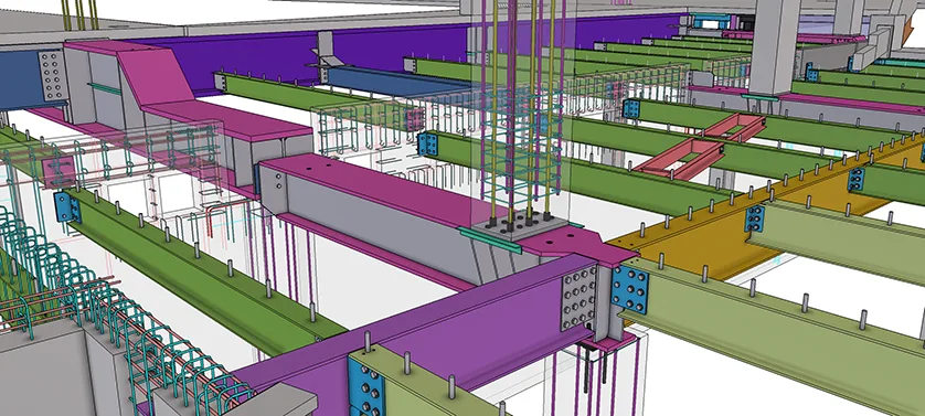 A 3D rendering of building construction, showcasing structural steel beams and concrete reinforcement.