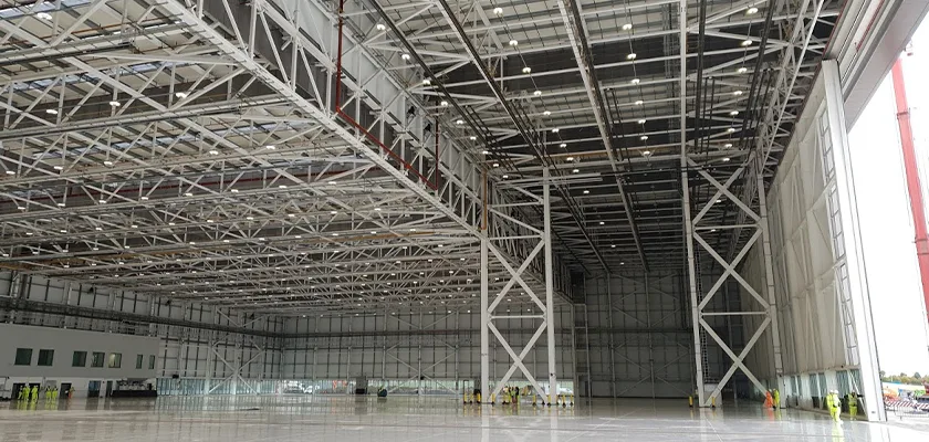 Steel truss and columns inside the Boeing hanger
