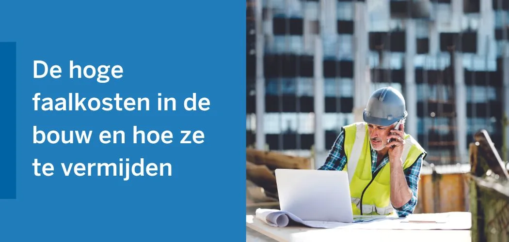 A construction worker talks on his phone while looking at a laptop and blueprints, with a blurred modern building in the background.