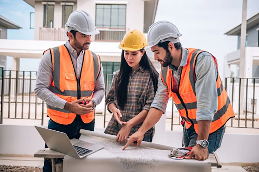 Three construction professionals, two men and one woman, huddle around blueprints and a laptop on a construction site.