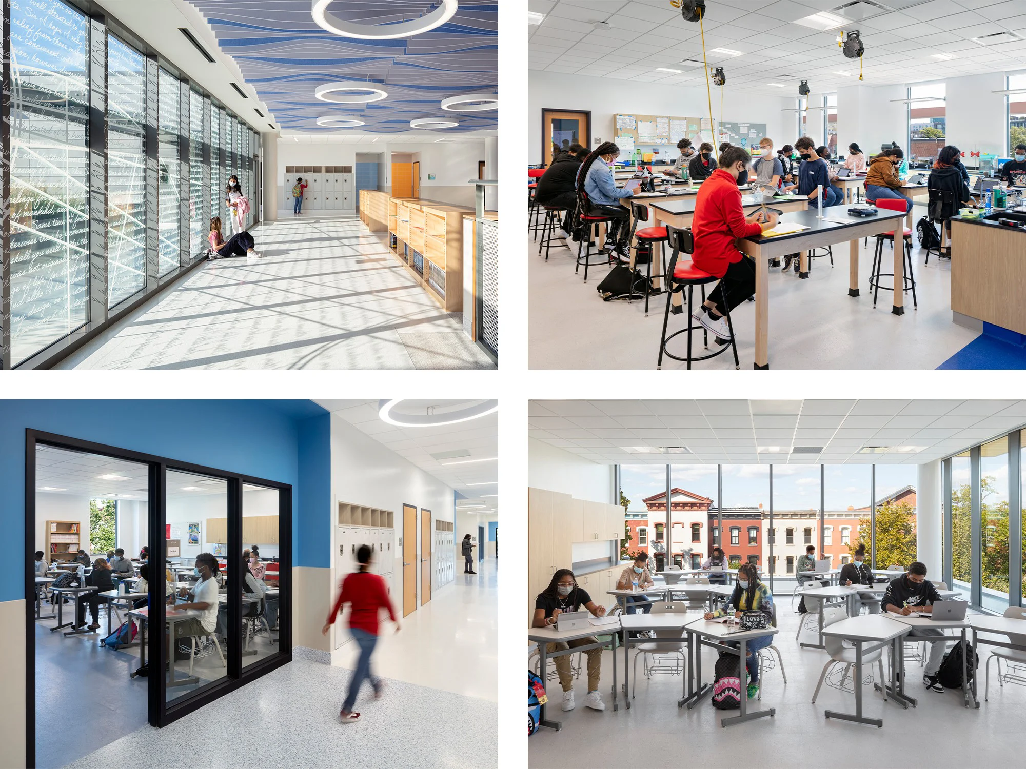 Collage of modern school classrooms and hallways with students.