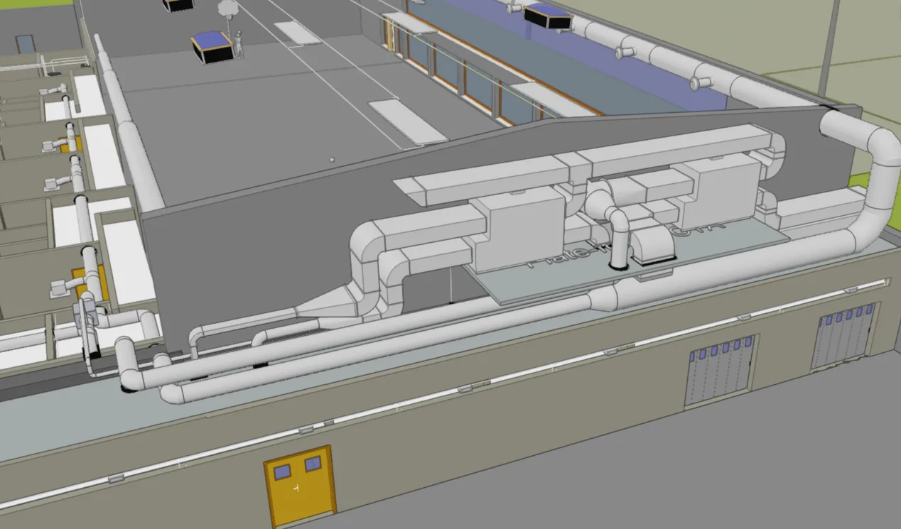 3D rendering of a building's HVAC system, showing ducts and ventilation units.