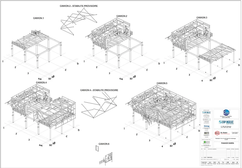Engineering drawing showing isometric views of six different truck bays, with structural details and temporary stability bracing.