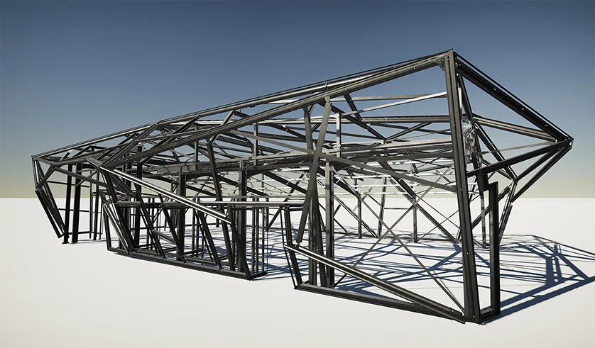 A 3D model of a steel building frame under a clear blue sky.