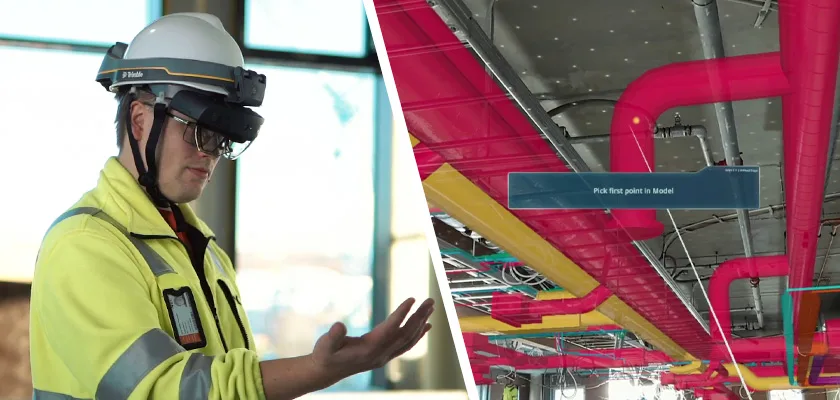 Construction worker using Trimble XR10 with Microsoft Hololens 2, a hardhat with mixed reality technology.