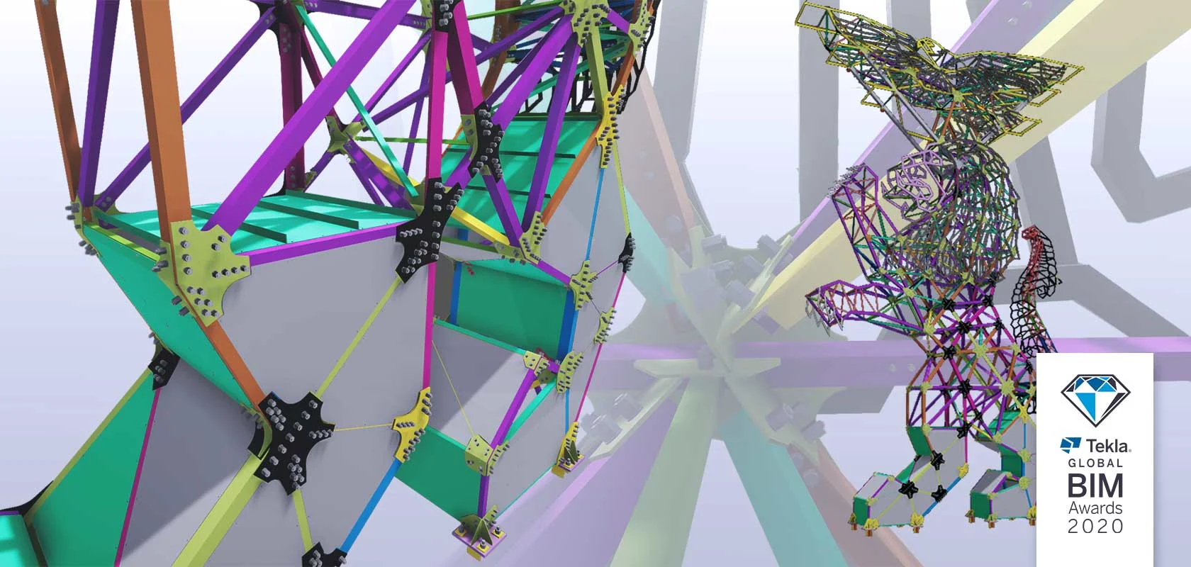 3D rendering of a skeletal lion and a geometric structure, with Tekla BIM Awards 2020 logo.