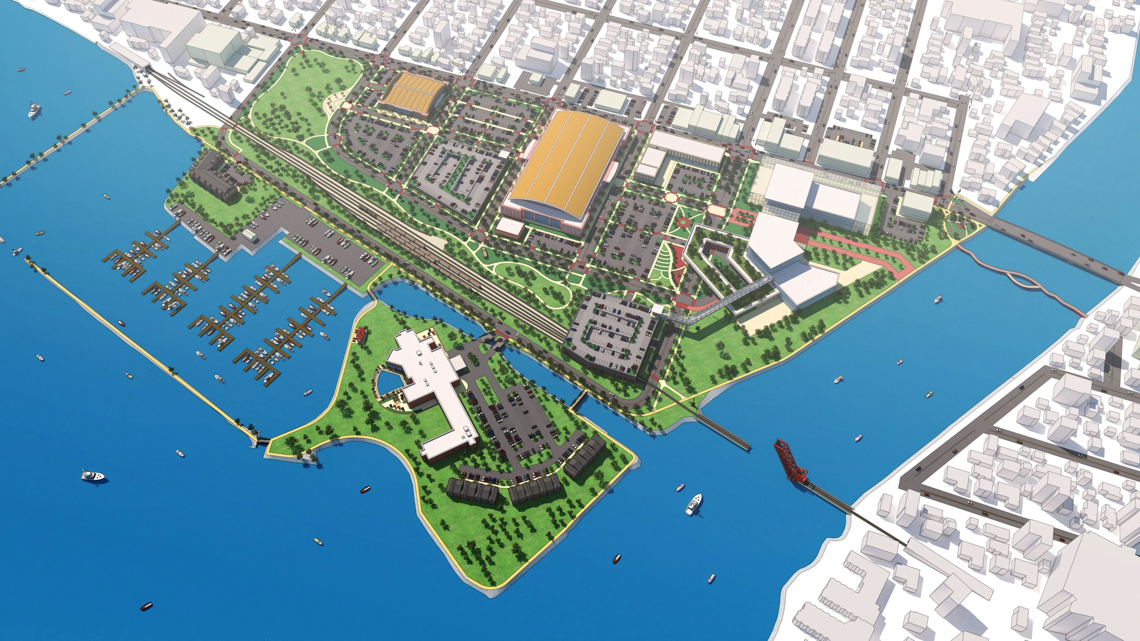 Aerial view of an urban development plan featuring a marina, parkland, and modern buildings.