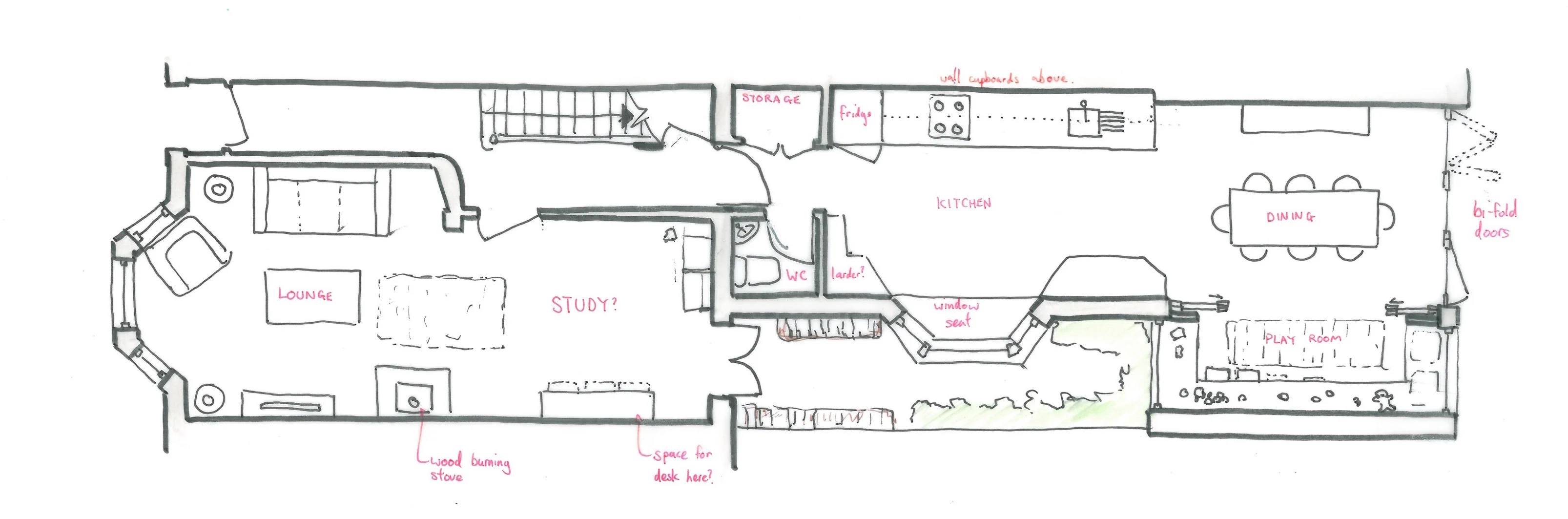 Floor plan sketch shows a living room, study, kitchen, dining area, and WC.
